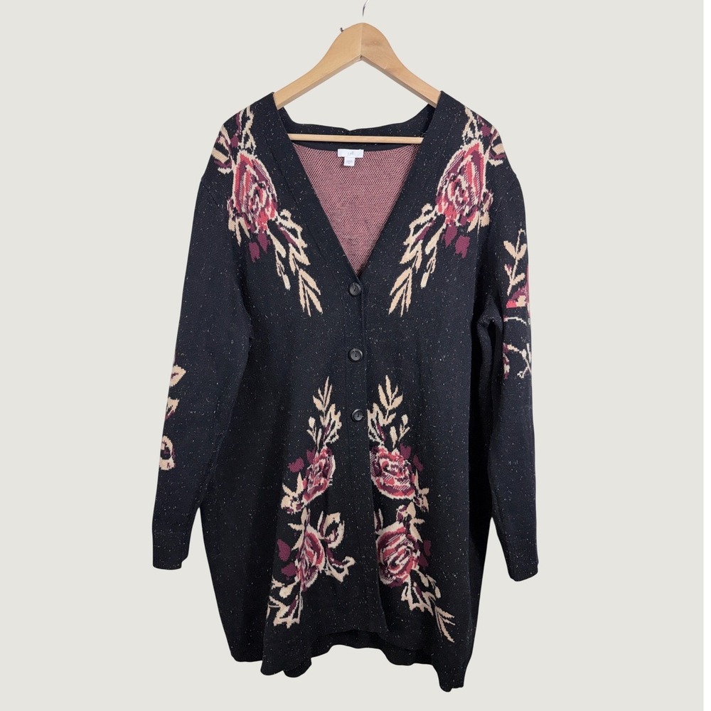 J. Jill Cardigan 2X Black Floral Bird Botanical Gardens Longline Button Front